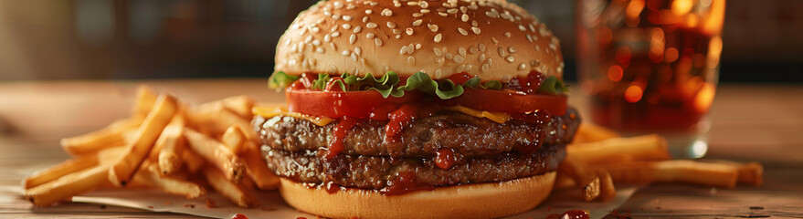 A burger, cheeseburger, hamburger with fries, fast food, lunch, dinner, meal