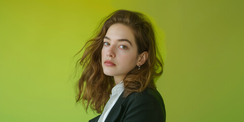 Relaxed woman portrait on lime green background, a natural portrait of a woman expressing relaxed