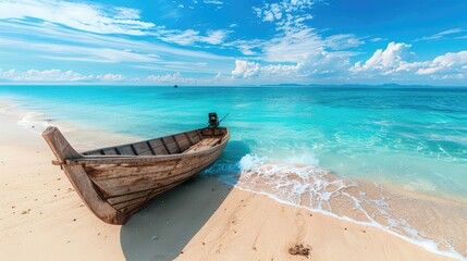 Obraz premium Beautiful tropical beach with clear turquoise water and a wooden boat on a white sand