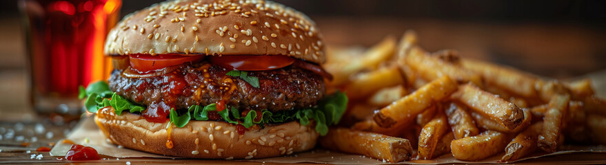 A burger, cheeseburger, hamburger with fries, fast food, lunch, dinner, meal