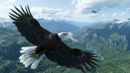 Majestic Bald Eagle Soaring Over Scenic Mountain Landscape, Generative AI