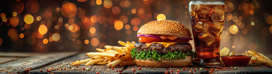 A burger, cheeseburger, hamburger with fries, fast food, lunch, dinner, meal