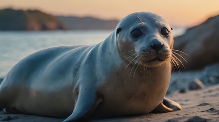 Obraz premium a seal that is laying on the sand by the water