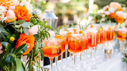 An elegant outdoor wedding reception featuring a cocktail bar with Aperol spritzes adorned with floral decorations.