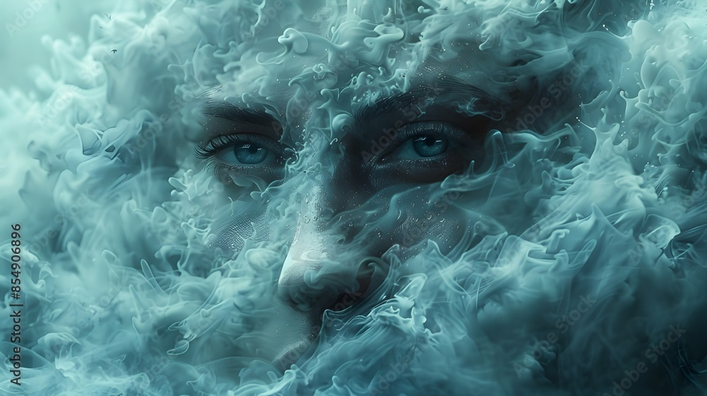 Poster Enigmatic Face Emerging from Swirling Mist Surreal Ethereal Portrait Inviting Introspection and Curiosity