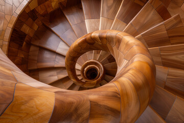 Unique craftsmanship and amazing carpentry are embodied in a unique abstract wooden spiral staircase. Creativity concept