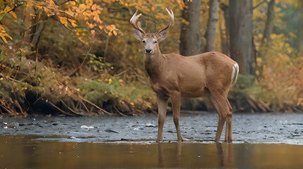 a deer that is standing in the water by the trees