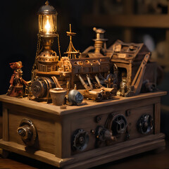 a wooden box with a clock and a lamp on it