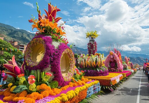 The intricate floral arrangements and brightly adorned floats parading through the streets of Medell&Atilde;&shy;n during the Feria de las Flores, capturing the essence of Colombian culture and nature