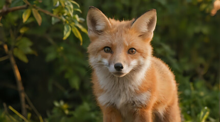 Fototapeta premium a small fox standing in the grass looking at the camera