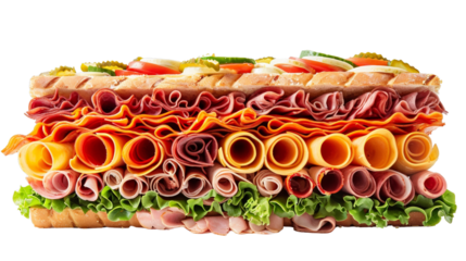 Delicious multilevel sandwich with fresh lettuce, assorted meats, and cheese slices, perfect for a hearty meal.