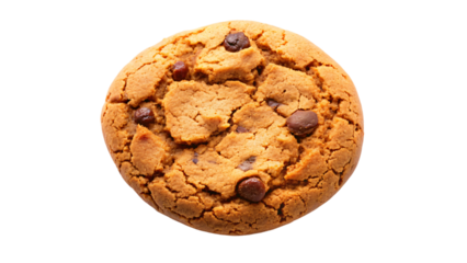 A delicious brown baked chocolate chip cookie sits alone on a white background