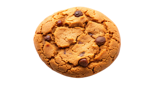 A delicious brown baked chocolate chip cookie sits alone on a white background