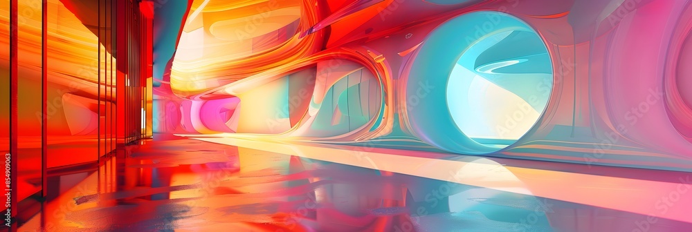 Poster futuristic geometric hallway with vibrant lighting and reflective surfaces in a surreal digital arch