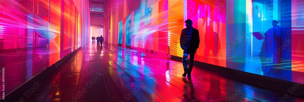 Poster futuristic luminous corridor glowing with vibrant neon lights and surreal chromatic patterns