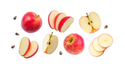Red apple has water drop with slices collection isolated on white background. Clipping path.