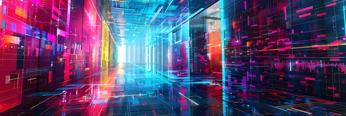 Fototapeta premium Futuristic Digital Tunnel of Glowing Neon Lights and Abstract City Architecture