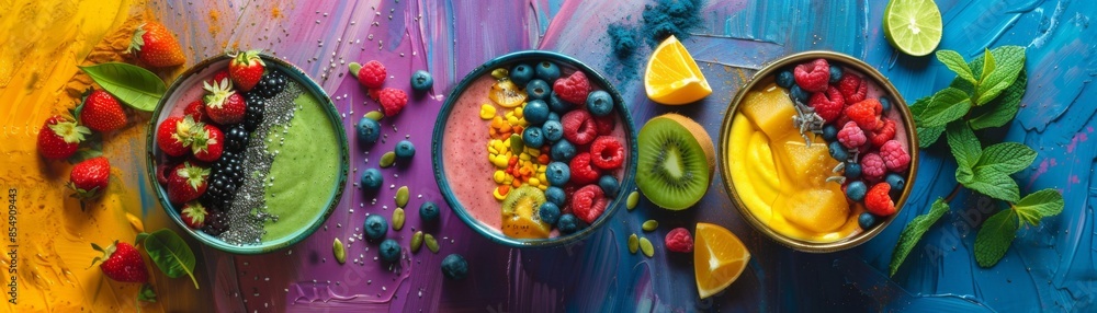 Poster a colorful assortment of fruits and vegetables are displayed in bowls on a table