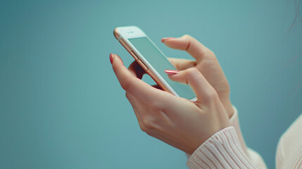 In an extreme close-up, a woman's hands navigate her smartphone against a blue background. Her fingers click the screen, highlighting social media, text messaging, and web browsing.