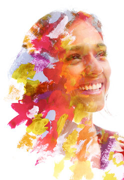 A colorful paintography portrait of a cheerful young woman