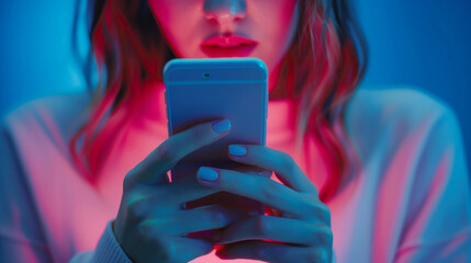 In an extreme close-up, a woman's hands navigate her smartphone against a blue background. Her fingers click the screen, highlighting social media, text messaging, and web browsing.