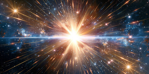 Fototapeta premium The Dynamic White Celestial Explosion set showcases a black background, a glowing silver sunburst, digital lens flare, and refined light rays, creating a cosmic visual wonder.