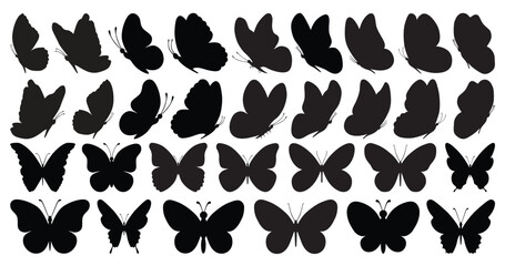 Fototapeta premium Set of black butterflies isolated on white background, collection of silhouettes. Butterfly black color, flying shape, vector design. Abstract modern monarch butterfly contours for decoration design