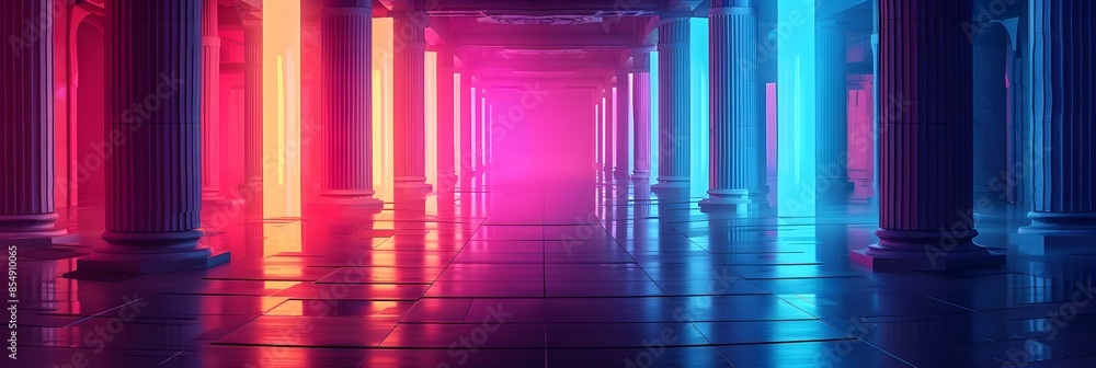 Poster illuminating architectural passage a captivating futuristic corridor of colorful symmetry and ambien