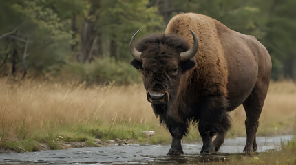 a bison standing in a stream of water