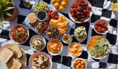 Top view shot of a picnic spread on a checkered blanket with a variety of sandwiches, fruits, and colorful salads