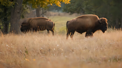 Fototapeta premium a two bison standing in a field of tall grass