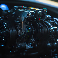 Fototapeta premium a close up of a motorcycle engine with a red light