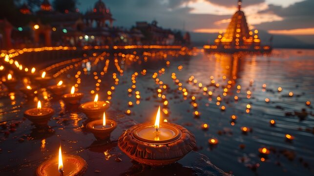 Illuminated Diya Lamps Along River at Sunset Beside Hindu Temple