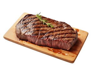 Juicy grilled steak on wooden board with rosemary garnish. Perfect for culinary, food photography, and dining concepts.