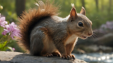 a squirrel sitting on a rock in the woods