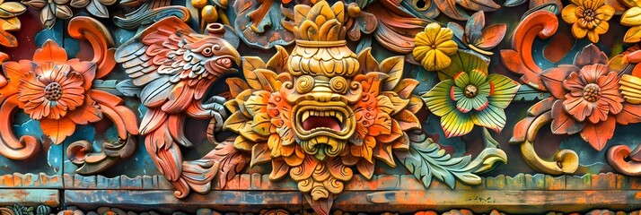 Obraz premium Intricate Mythical Dragon and Flower Carvings on Ornate Wooden Temple Architecture