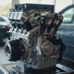 a silver engine on display in a showroom