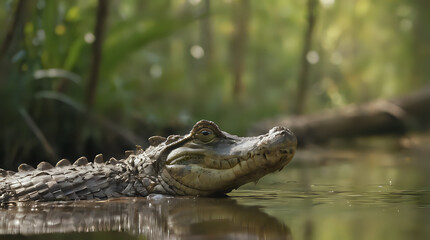Fototapeta premium a crocodile that is floating in the water