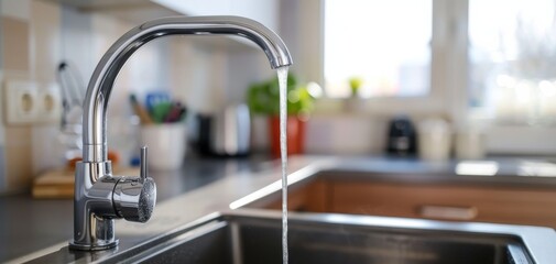 Modern kitchen sink with running water from a sleek faucet design, highlighting a clean and well-lit interior environment.