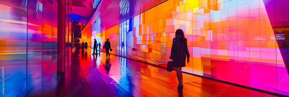Poster Luminous Corridor of Vibrant Neon Lights and Reflections in a Futuristic Architectural Design