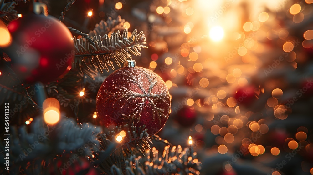 Poster magical christmas ornaments hanging on illuminated holiday tree branches with bokeh lights