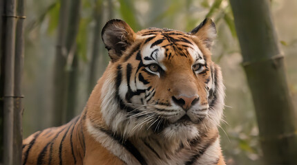 Fototapeta premium a tiger that is sitting in the grass by some trees