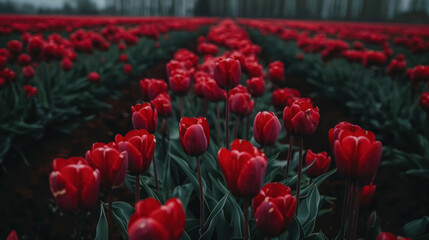 A close-up view of a field of red tulips blooming in the springtime. The tulips are in full bloom and the colors are vibrant