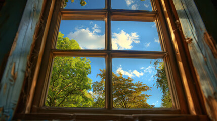 Fototapeta premium An old wooden window frame provides a view of trees and blue sky on a sunny day