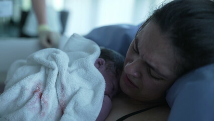 Newborn baby resting in mother's skin right after birth, authentic real life childbirth scene of...