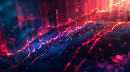 Naklejka premium Futuristic digital data visualization with glowing neon lines and points representing financial analytics and big data.