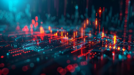 Fototapeta premium Futuristic digital data visualization with abstract neon lines and dots representing data analysis.