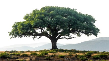 Obraz premium Majestic Oak Tree Towering Over Peaceful Countryside Landscape With Lush Foliage and Tranquil Meadow