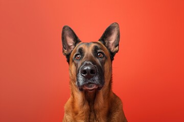 Obraz premium Belgian Malinois dog on minimalistic colorful background with Copy Space. Perfect for banners, veterinary ads, pet food promotions, and minimalist designs.