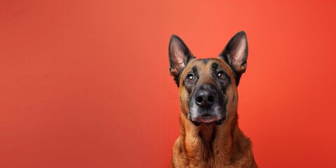 Obraz premium Belgian Malinois dog on minimalistic colorful background with Copy Space. Perfect for banners, veterinary ads, pet food promotions, and minimalist designs.